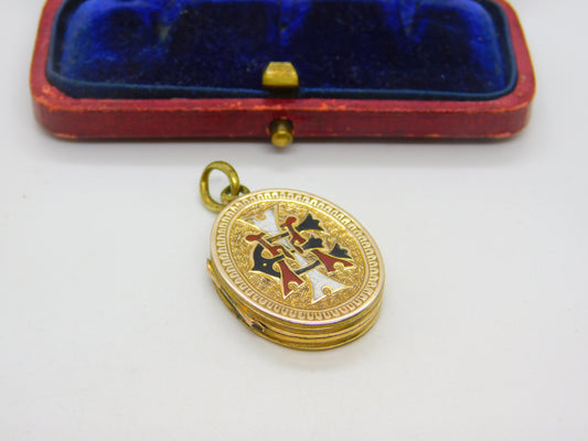 Victorian 9ct Gold Back & Front Colourful Enamel Monogram Locket c1890 Antique