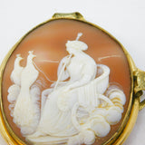 Victorian Large Rolled Gold Carved Shell Cameo Hera with Peacocks Antique c1850
