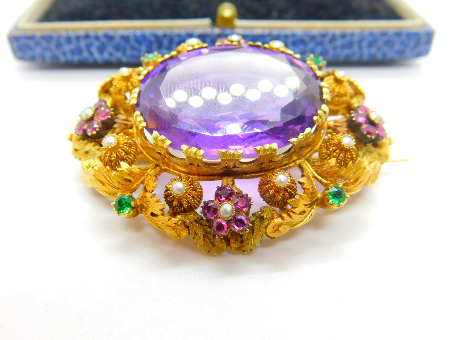 Georgian Cannetille 22ct Gold Amethyst, Ruby, Emerald & Pearl Statement Brooch c1820 Regency