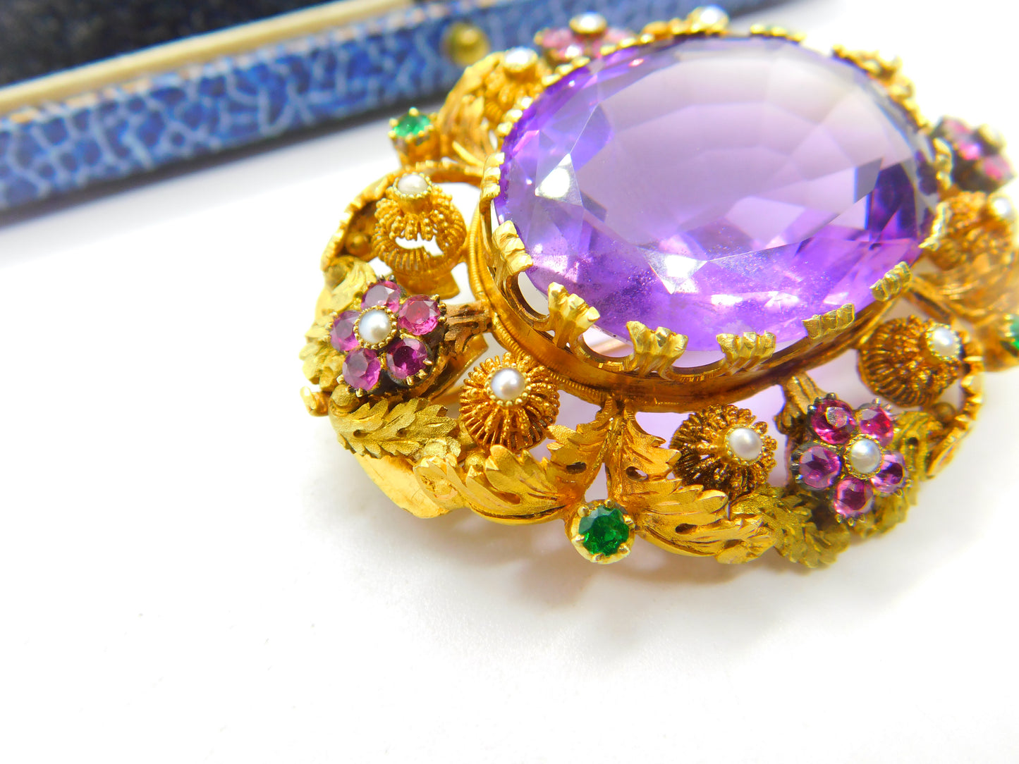 Georgian Cannetille 22ct Gold Amethyst, Ruby, Emerald & Pearl Statement Brooch c1820 Regency