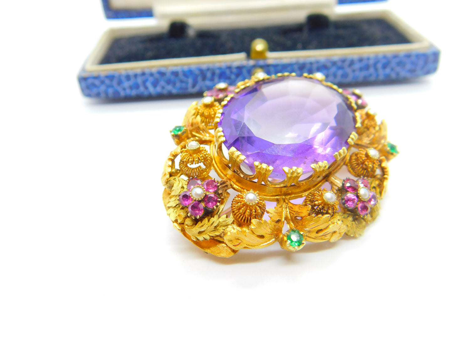 Georgian Cannetille 22ct Gold Amethyst, Ruby, Emerald & Pearl Statement Brooch c1820 Regency