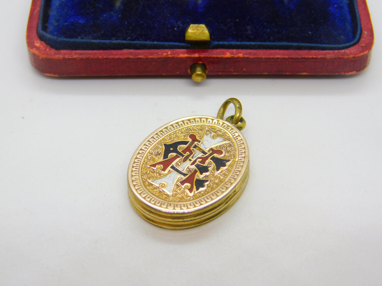 Victorian 9ct Gold Back & Front Colourful Enamel Monogram Locket c1890 Antique