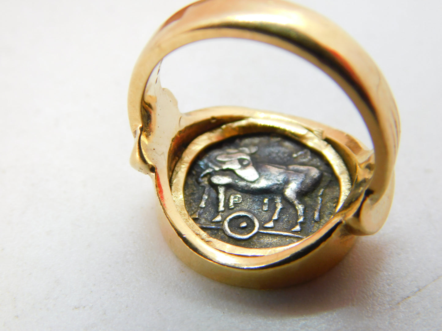 Victorian 18ct Gold Ancient Greek 400BC Mysia Hemidrachm Coin Signet Ring c1890