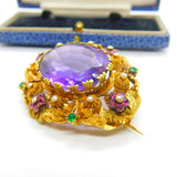 Georgian Cannetille 22ct Gold Amethyst, Ruby, Emerald & Pearl Statement Brooch c1820 Regency