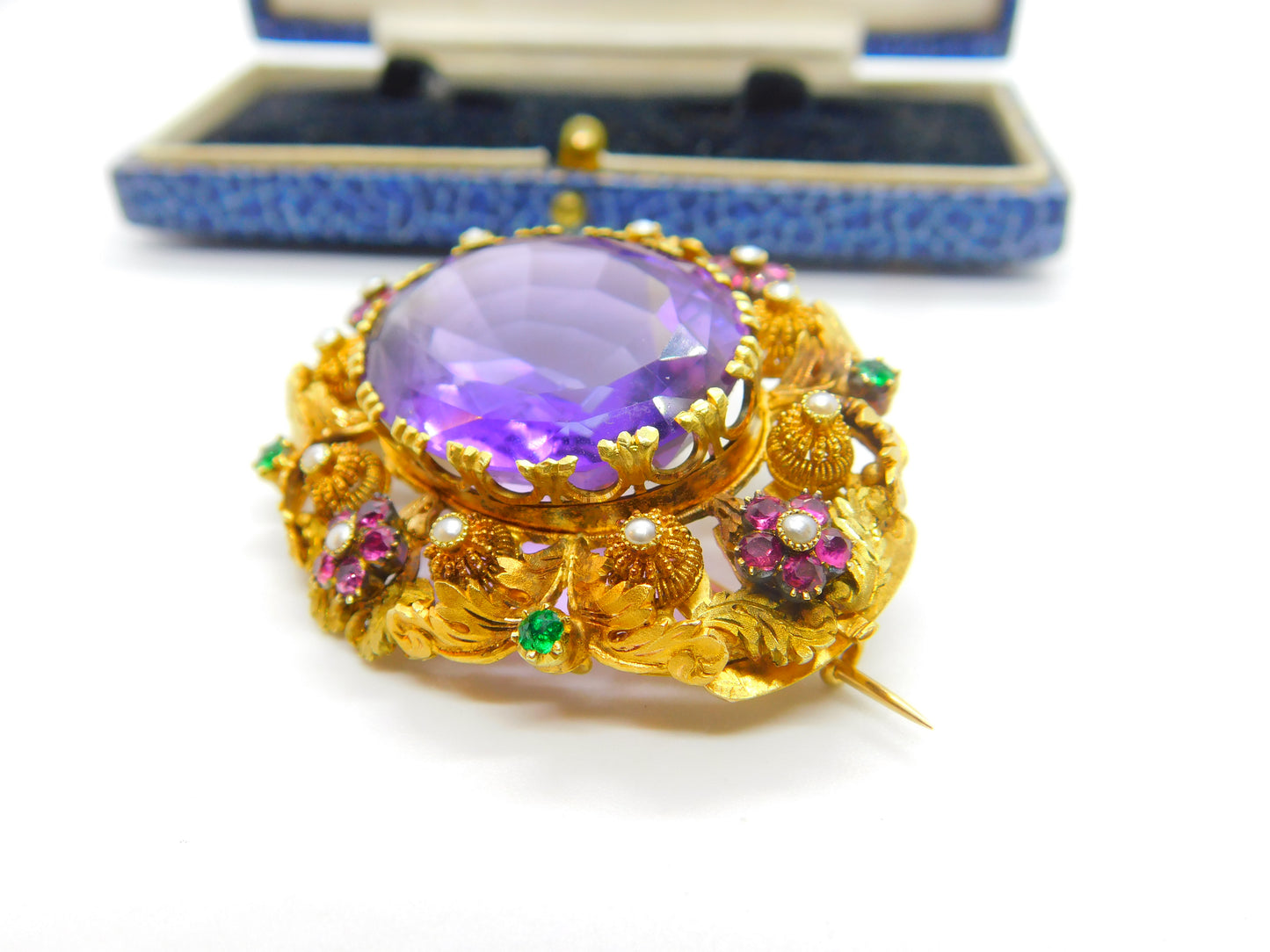 Georgian Cannetille 22ct Gold Amethyst, Ruby, Emerald & Pearl Statement Brooch c1820 Regency