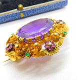 Georgian Cannetille 22ct Gold Amethyst, Ruby, Emerald & Pearl Statement Brooch c1820 Regency