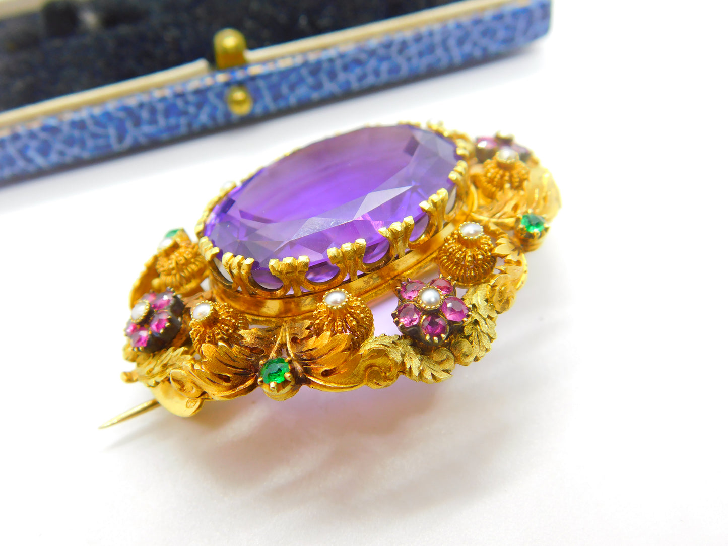 Georgian Cannetille 22ct Gold Amethyst, Ruby, Emerald & Pearl Statement Brooch c1820 Regency