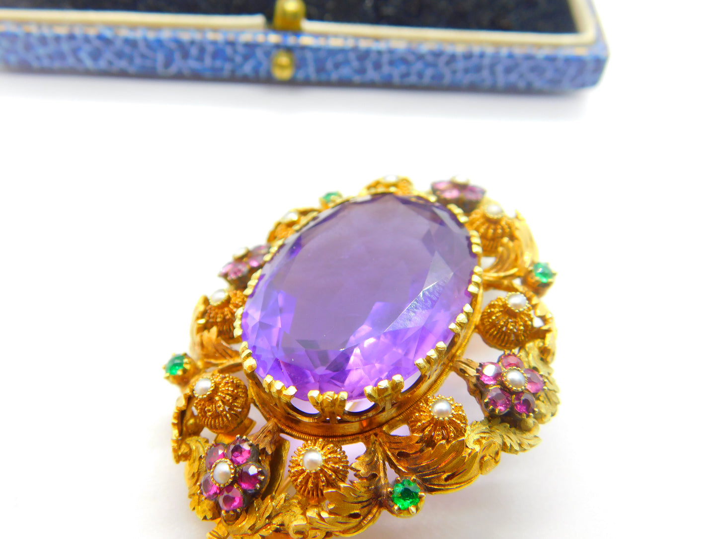 Georgian Cannetille 22ct Gold Amethyst, Ruby, Emerald & Pearl Statement Brooch c1820 Regency