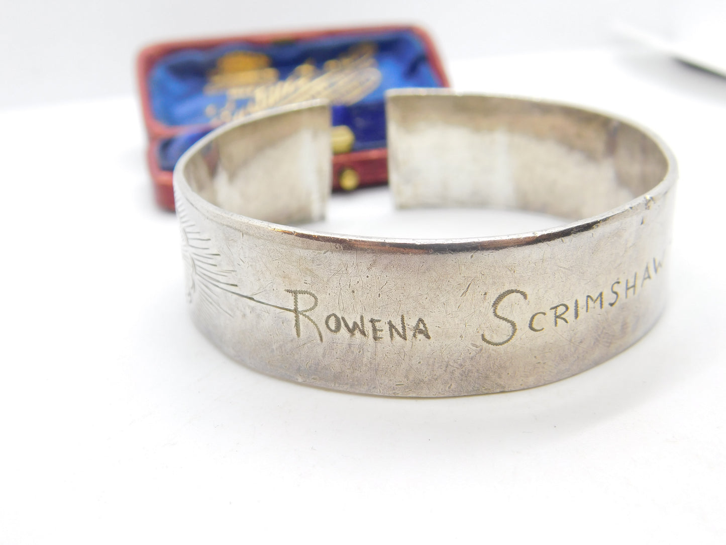 Victorian Sterling Silver Aesthetic 'Rowena Scrimshaw' Sweetheart Bangle c1860