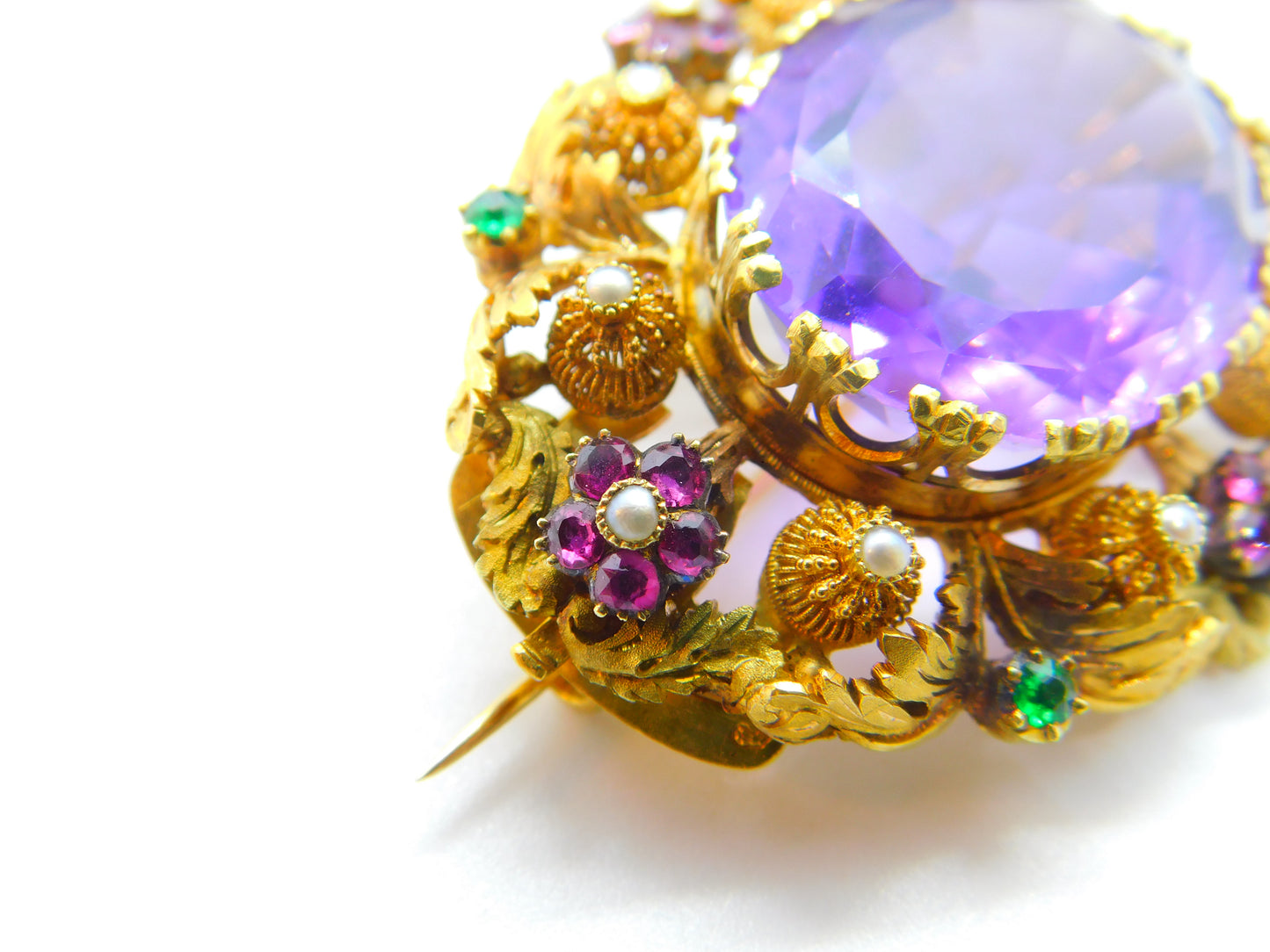 Georgian Cannetille 22ct Gold Amethyst, Ruby, Emerald & Pearl Statement Brooch c1820 Regency