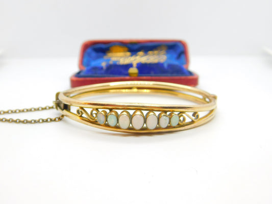 Victorian Rolled Gold & Cabochon Fire Opal Set Bangle Bracelet c1880 Antique