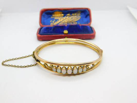 Victorian Rolled Gold & Cabochon Fire Opal Set Bangle Bracelet c1880 Antique