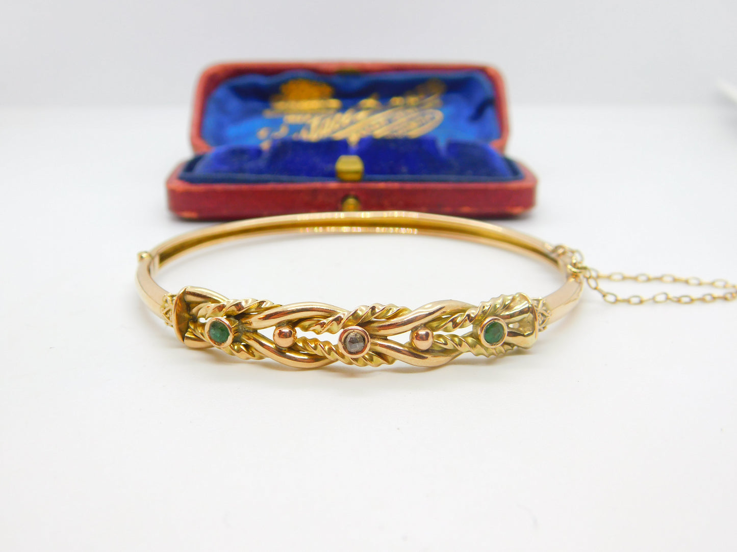 Victorian 9ct Yellow Gold, Emerald & Diamond Set Bangle Bracelet Antique c1880