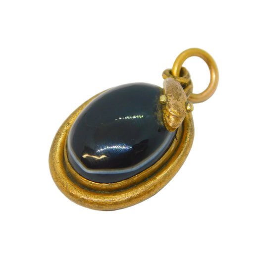 19th Century Rolled Gold Banded Agate Snake Serpent Pendant Antique c1880