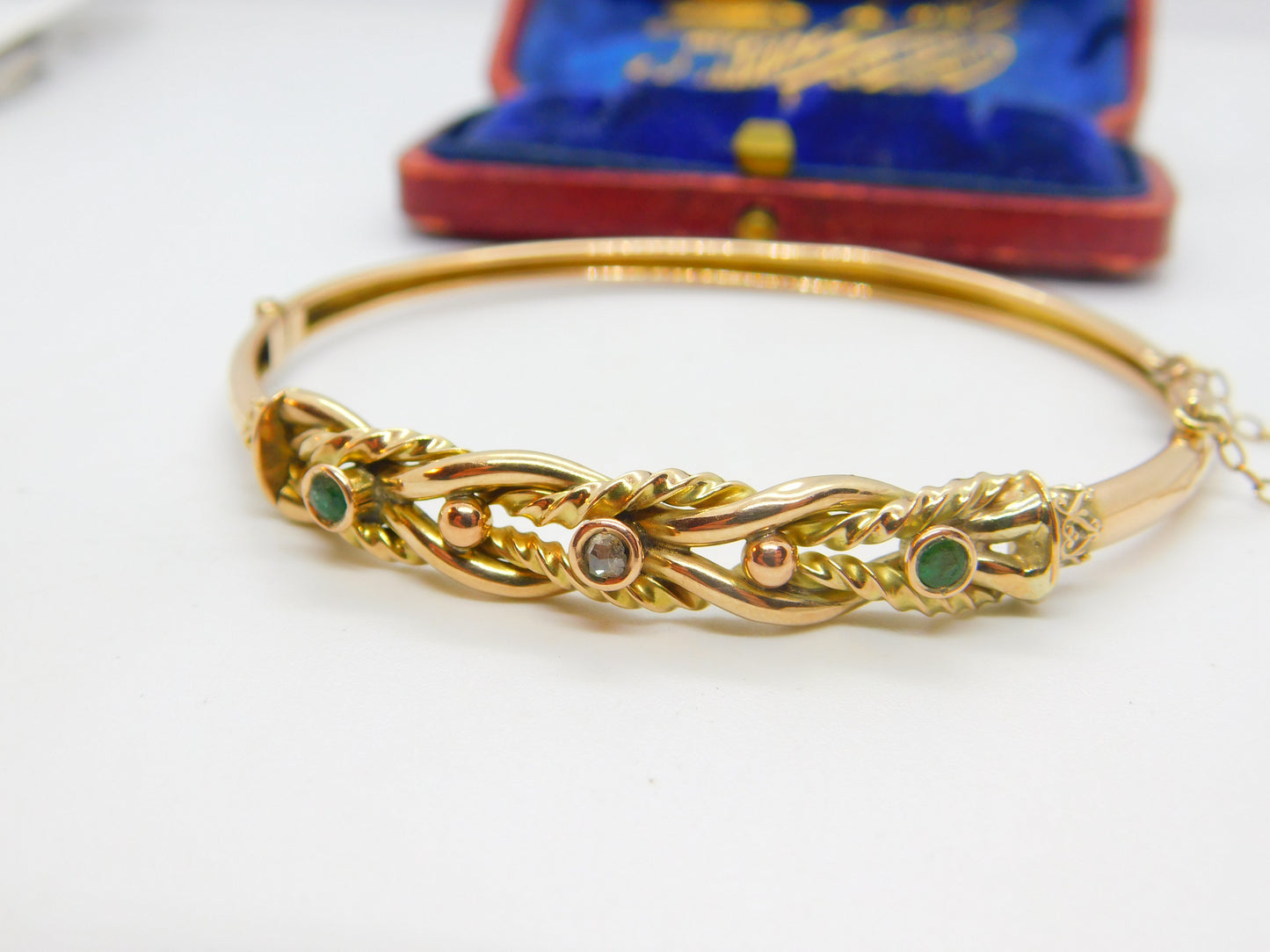 Victorian 9ct Yellow Gold, Emerald & Diamond Set Bangle Bracelet Antique c1880