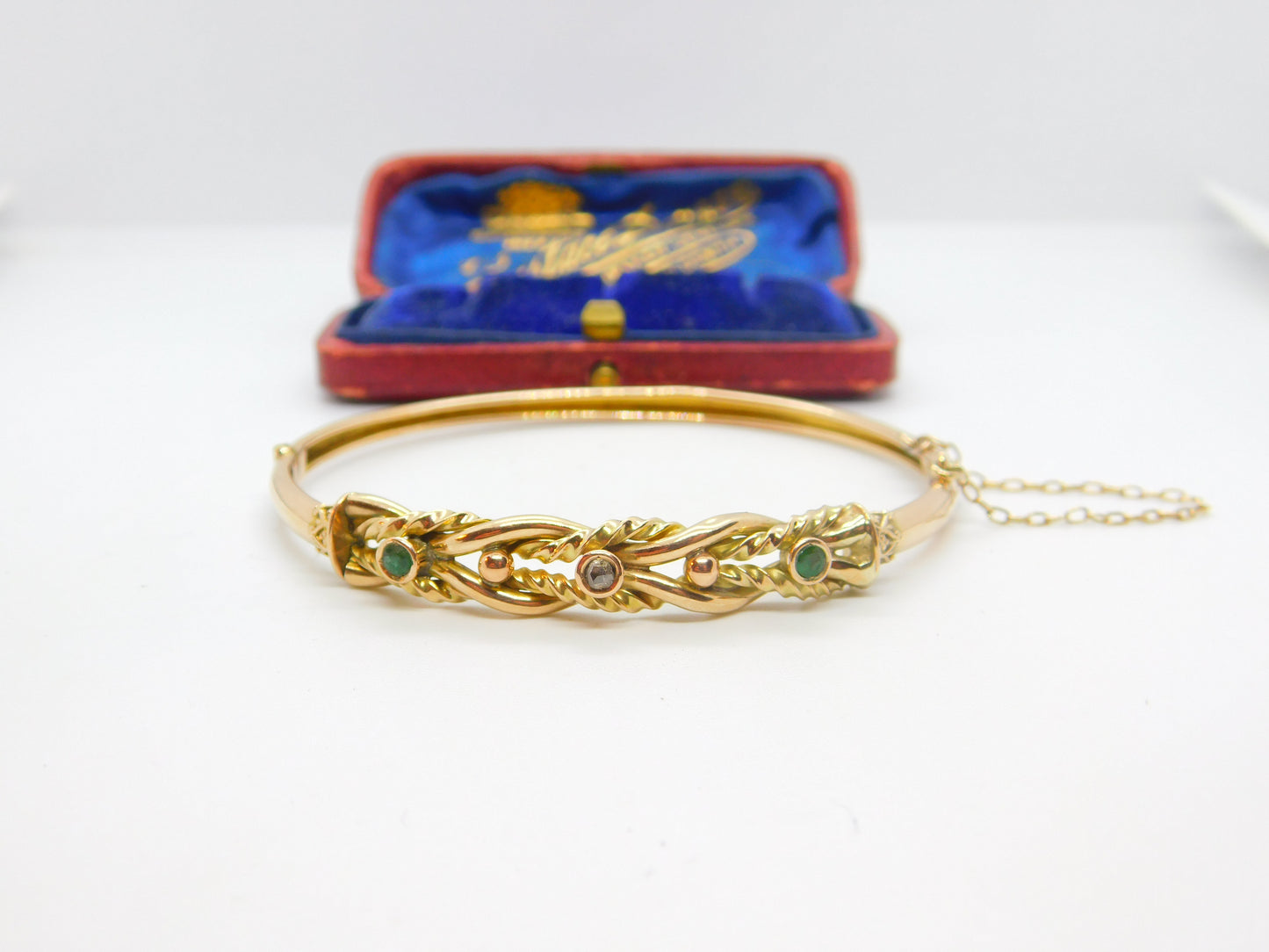 Victorian 9ct Yellow Gold, Emerald & Diamond Set Bangle Bracelet Antique c1880