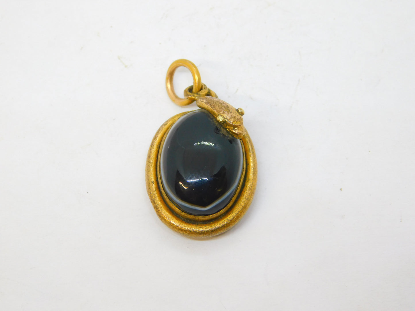 19th Century Rolled Gold Banded Agate Snake Serpent Pendant Antique c1880