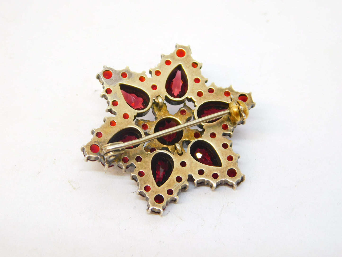 19th Century Austro-Hungarian Sterling Silver Gilt Garnet Set Floral Brooch c1860