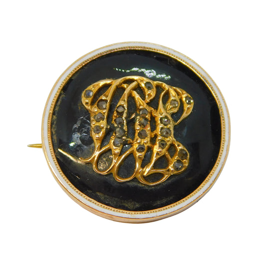 Victorian 9ct Gold, Black-White Enamel, Diamond Set Mourning Brooch Antique c1890