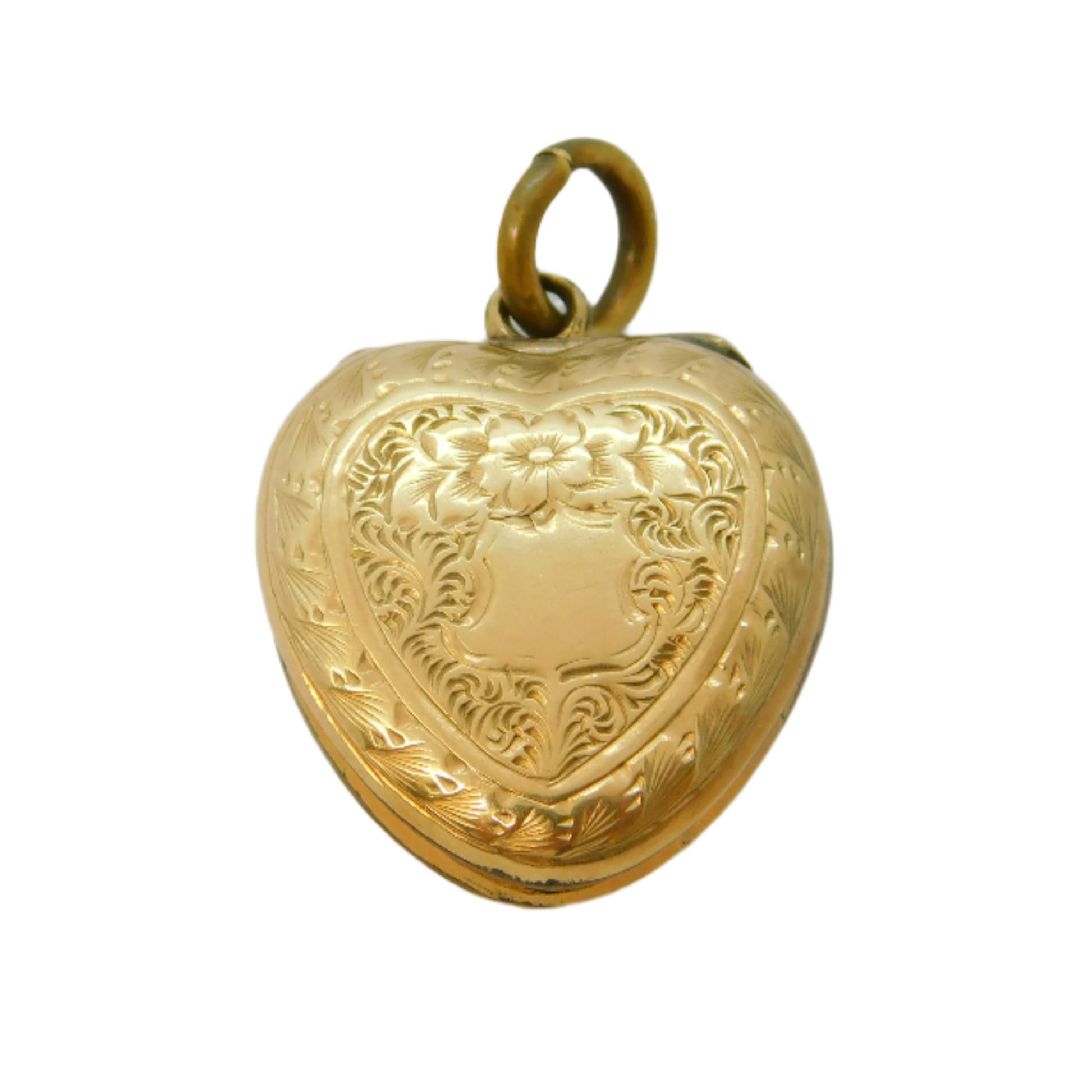 Gold heart-shaped locket on a white background