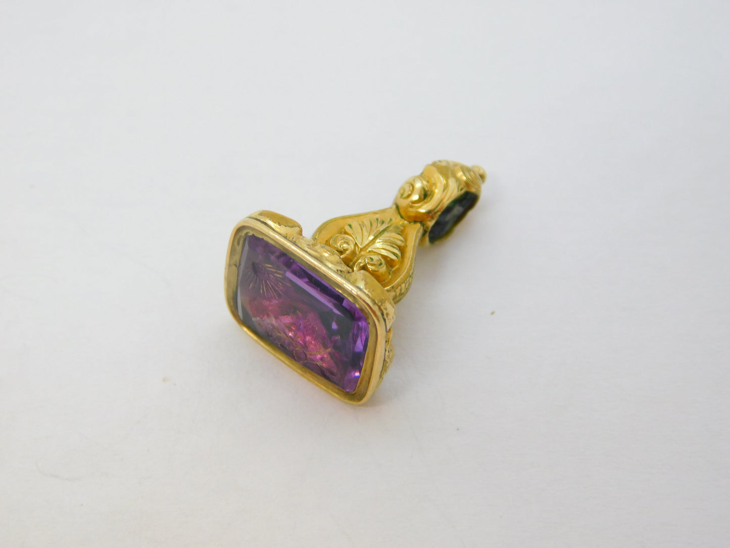Victorian Rolled Gold Carved Amethyst Floral Intaglio Fob Seal Antique c1860