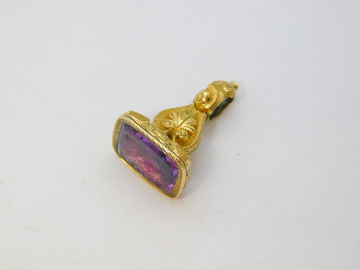 Victorian Rolled Gold Carved Amethyst Floral Intaglio Fob Seal Antique c1860