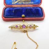 Edwardian 9ct Yellow Gold, Amethyst & Seed Pearl Sweetheart Brooch c1910