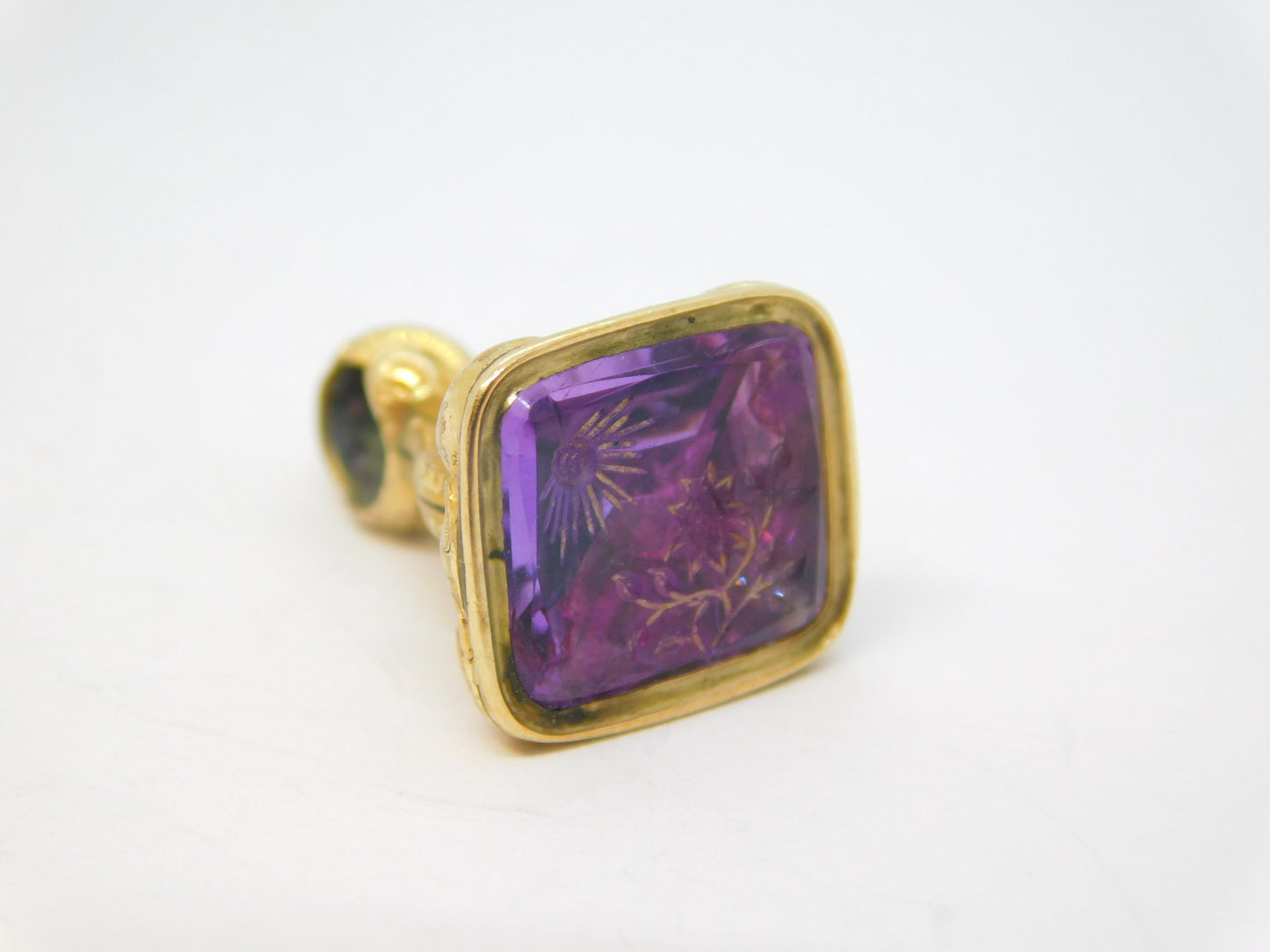 Victorian Rolled Gold Carved Amethyst Floral Intaglio Fob Seal Antique c1860