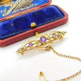 Edwardian 9ct Yellow Gold, Amethyst & Seed Pearl Sweetheart Brooch c1910