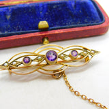 Edwardian 9ct Yellow Gold, Amethyst & Seed Pearl Sweetheart Brooch c1910
