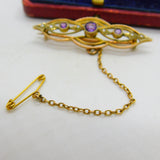 Edwardian 9ct Yellow Gold, Amethyst & Seed Pearl Sweetheart Brooch c1910