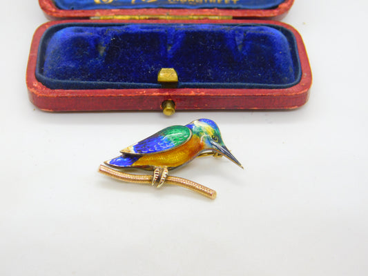 9ct Yellow Gold & Colourful Enamel Kingfisher Brooch 1993 Birmingham Vintage