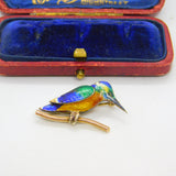 9ct Yellow Gold & Colourful Enamel Kingfisher Brooch 1993 Birmingham Vintage