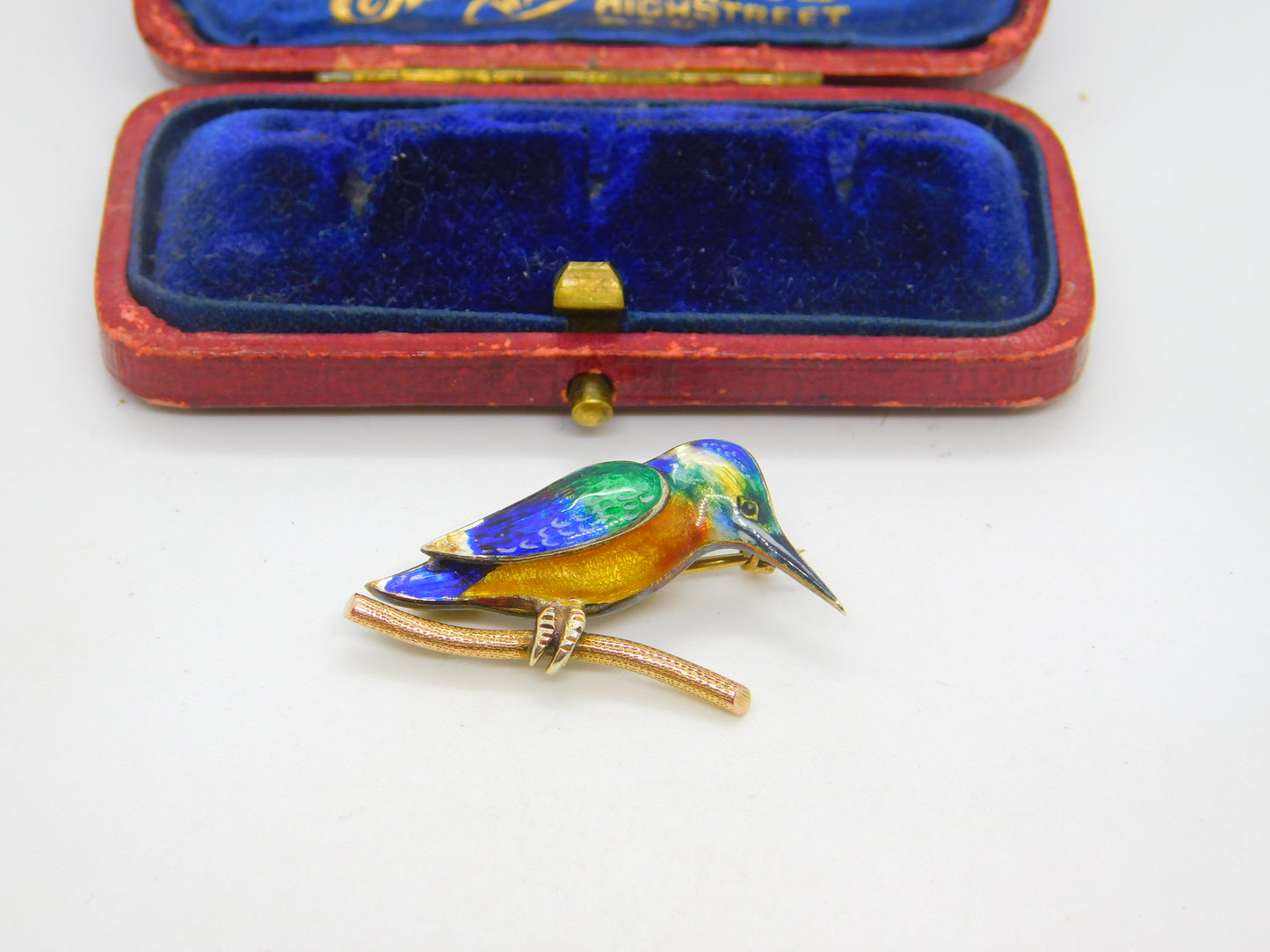 9ct Yellow Gold & Colourful Enamel Kingfisher Brooch 1993 Birmingham Vintage