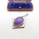 Large Sterling Silver Modernist Cabochon Amethyst Pendant 1975 Birmingham