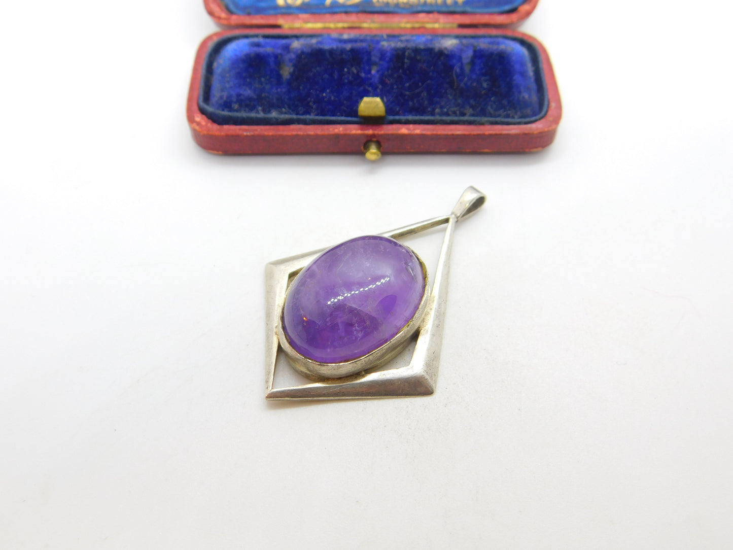 Large Sterling Silver Modernist Cabochon Amethyst Pendant 1975 Birmingham