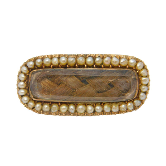 George III 10ct Rose Gold, Seed Pearl, Hairwork Mourning Brooch Antique c1820