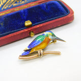 9ct Yellow Gold & Colourful Enamel Kingfisher Brooch 1993 Birmingham Vintage