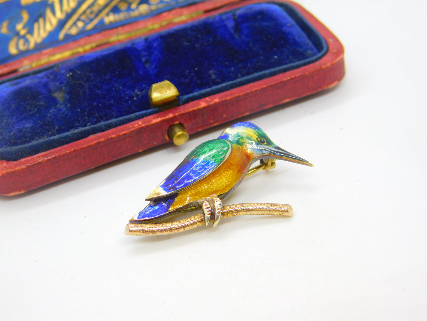 9ct Yellow Gold & Colourful Enamel Kingfisher Brooch 1993 Birmingham Vintage