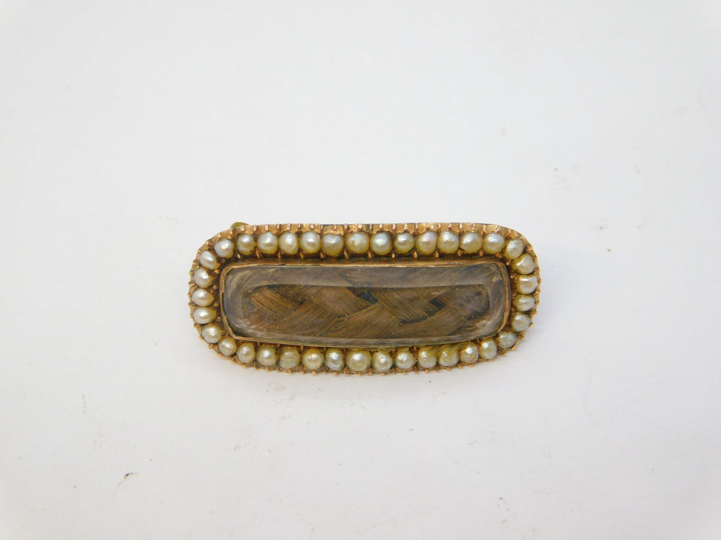 George III 10ct Rose Gold, Seed Pearl, Hairwork Mourning Brooch Antique c1820