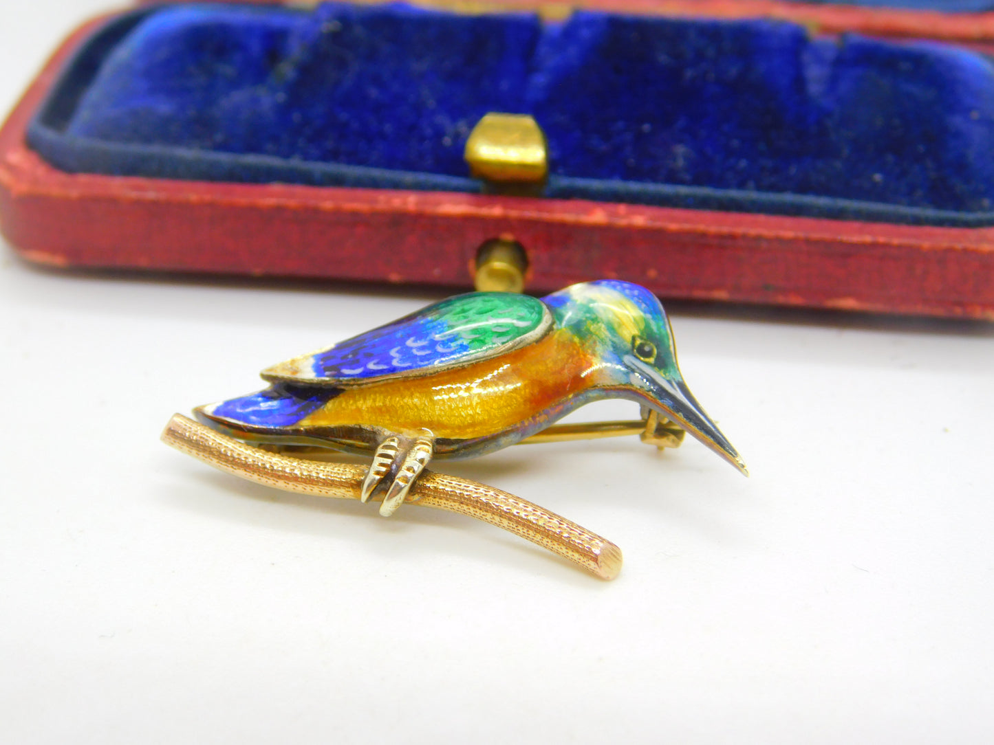 9ct Yellow Gold & Colourful Enamel Kingfisher Brooch 1993 Birmingham Vintage