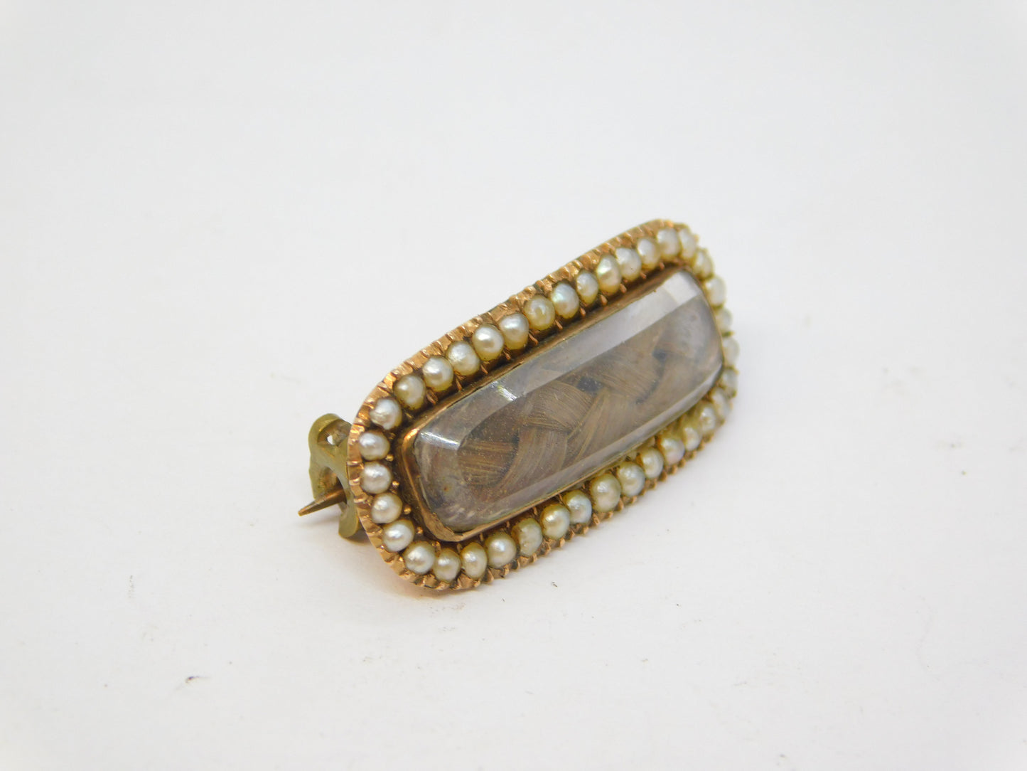 George III 10ct Rose Gold, Seed Pearl, Hairwork Mourning Brooch Antique c1820