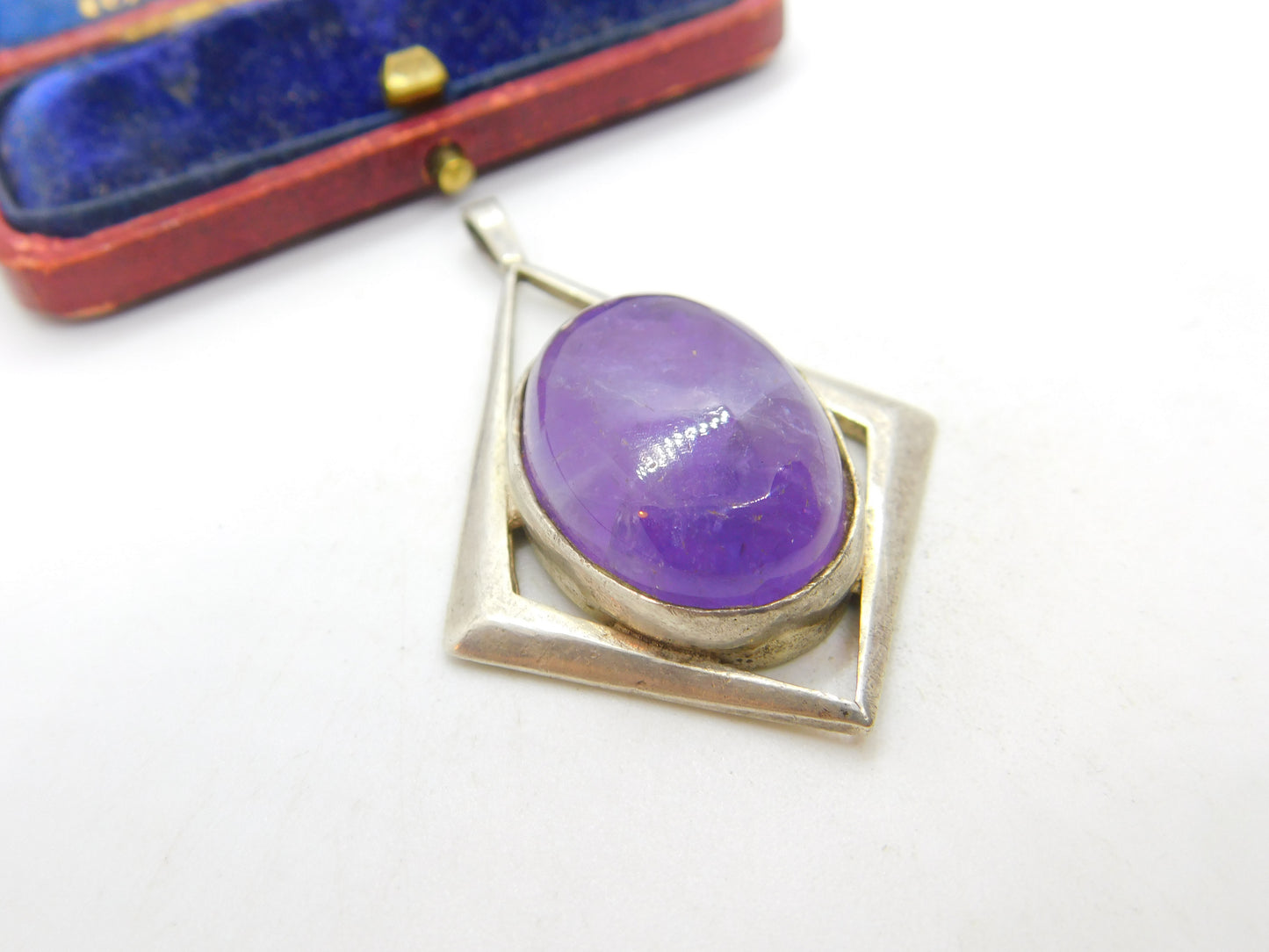 Large Sterling Silver Modernist Cabochon Amethyst Pendant 1975 Birmingham