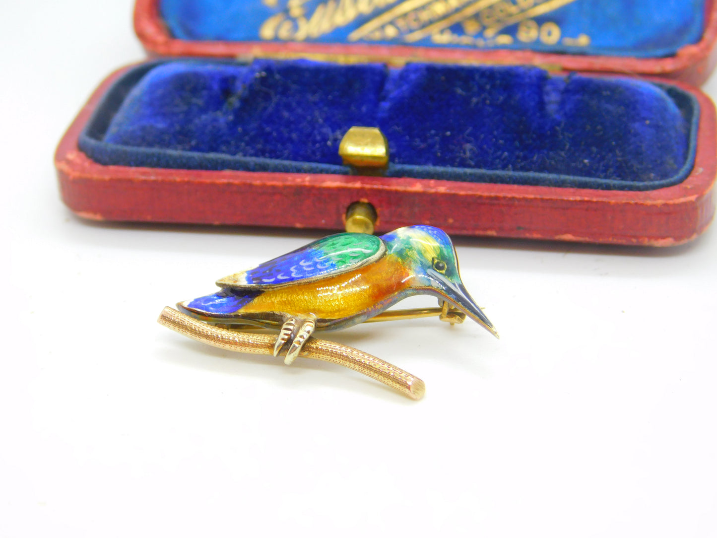 9ct Yellow Gold & Colourful Enamel Kingfisher Brooch 1993 Birmingham Vintage