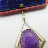 Large Sterling Silver Modernist Cabochon Amethyst Pendant 1975 Birmingham
