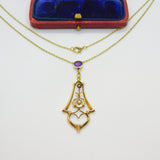 Edwardian 9ct Gold, Amethyst & Pearl Lavalier Drop Necklace on 15ct Gold Chain c1910 Antique
