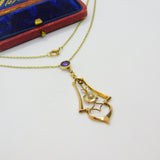Edwardian 9ct Gold, Amethyst & Pearl Lavalier Drop Necklace on 15ct Gold Chain c1910 Antique