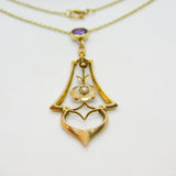 Edwardian 9ct Gold, Amethyst & Pearl Lavalier Drop Necklace on 15ct Gold Chain c1910 Antique