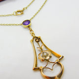 Edwardian 9ct Gold, Amethyst & Pearl Lavalier Drop Necklace on 15ct Gold Chain c1910 Antique
