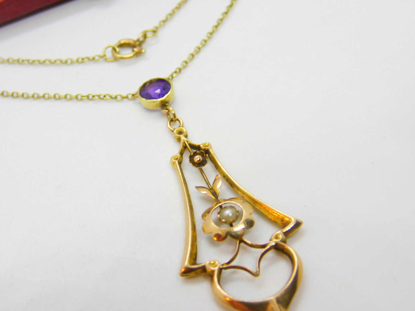 Edwardian 9ct Gold, Amethyst & Pearl Lavalier Drop Necklace on 15ct Gold Chain c1910 Antique